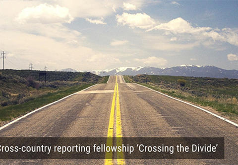 Road with text overlay: Cross-country reporting fellowship "Crossing the Divide"